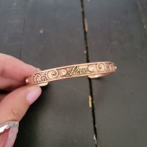 Alex + Ani Rose Gold Love Bangle Filigree Pink Rhinestone Bracelet Cuff Jewelry